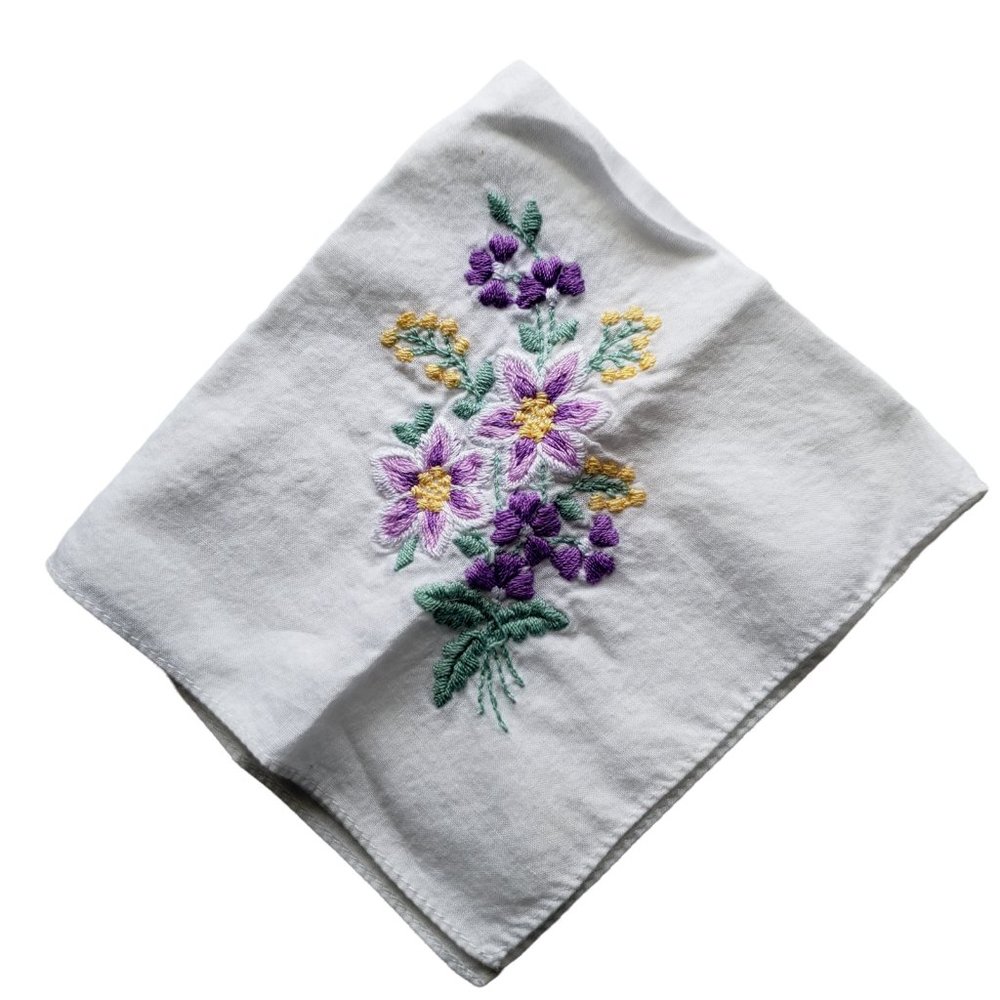 Vtg Ladies Handkerchief /Hankies Purple and Yellow Embroidered Flowers